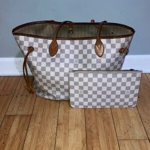 Louis Vuitton Checkered Tote Bag with Pouch - Cream and Brown